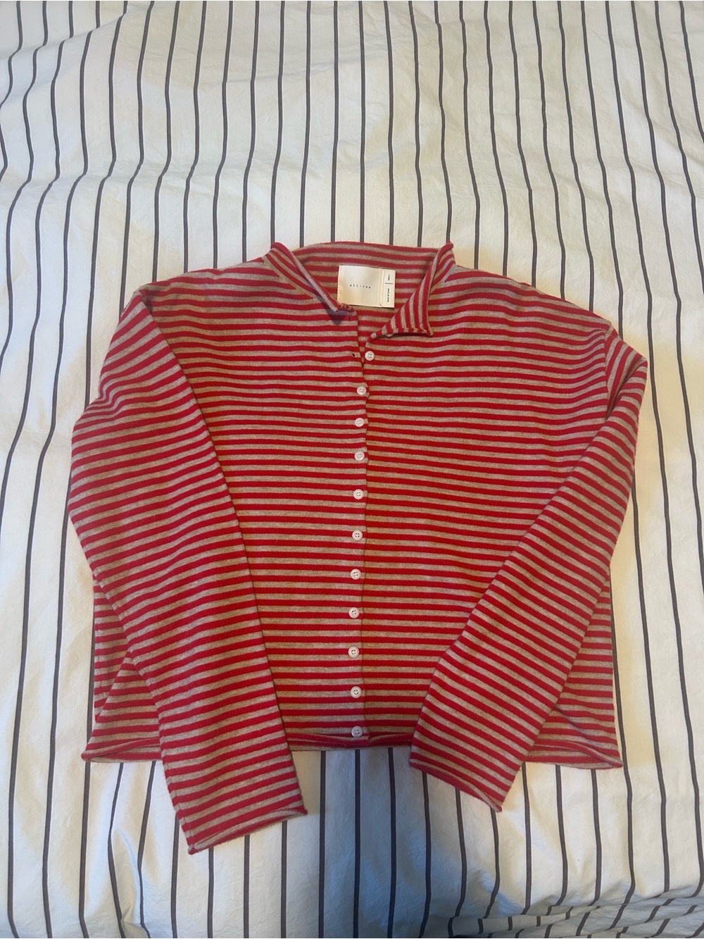 All row red striped sweater - roll neck hems